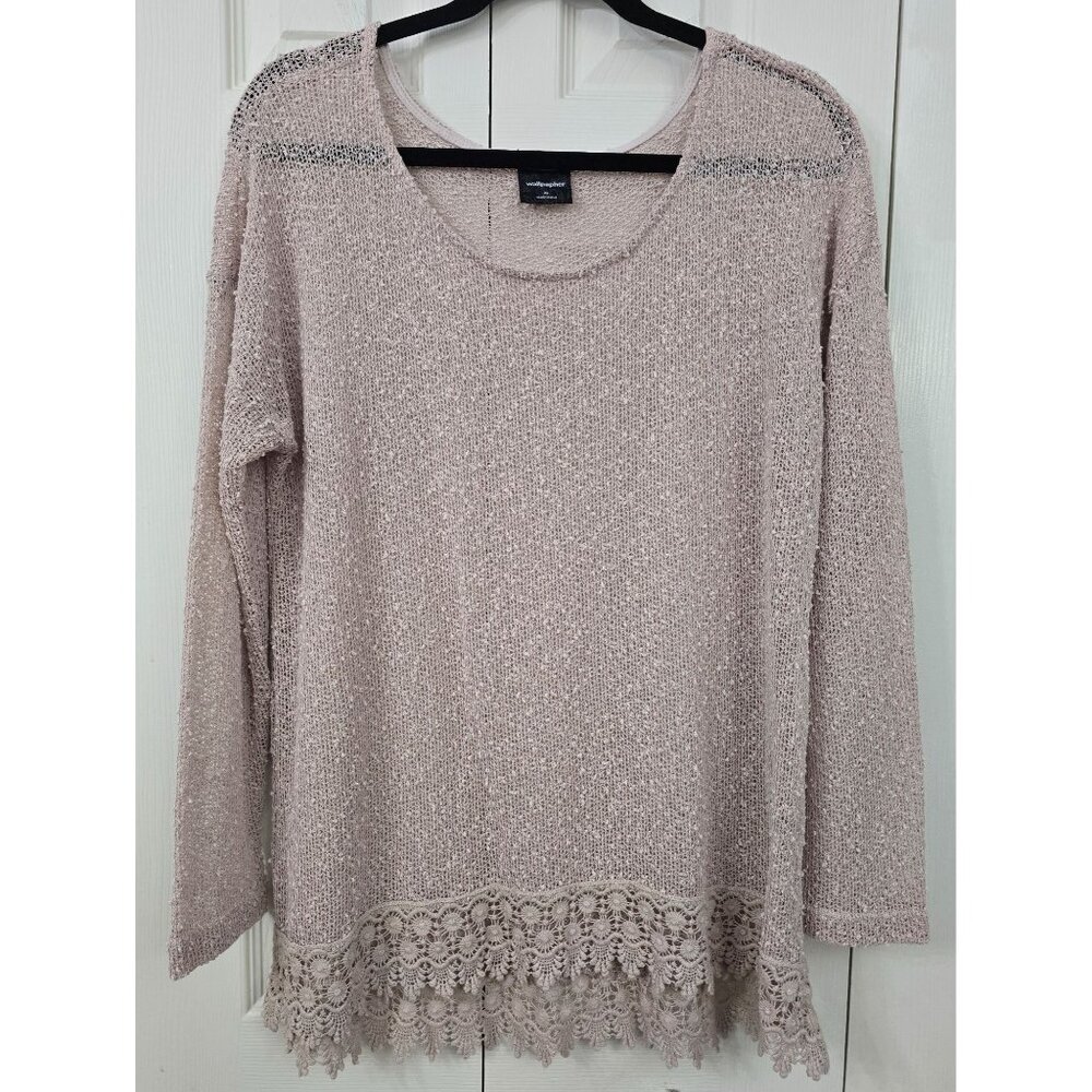 Wallpapher Crochet Hem Beige Knit Womens Sweater See Through Lightweight Size XL